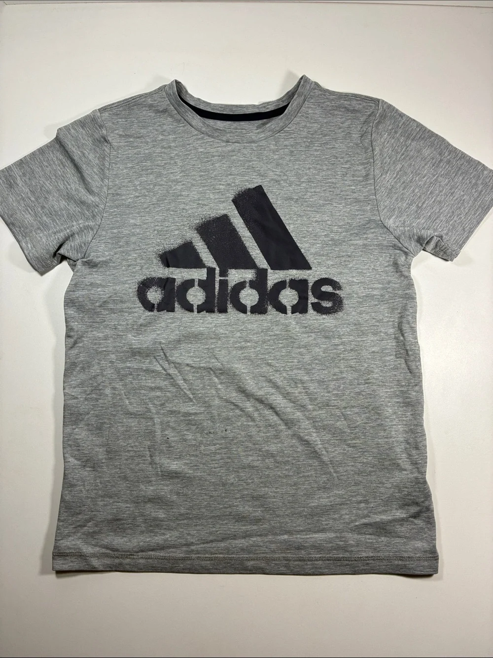 Adidas Heather Grey Tee with Dark Navy Logo - Kids Short Sleeve, size S